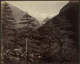 Schneebedeckte Gipfel bei Gangootri, von Bhairamghati aus