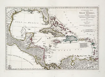 Eine vollständige Karte der Westindischen Inseln mit den Küsten von Florida, Louisiana, Neuspanien und Terra Firma mit allen Inseln