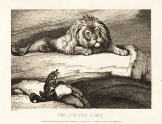 Ein Fuchs nähert sich törichterweise einem männlichen Löwen in seiner Höhle. 1811