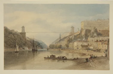 Ansicht auf den Avon bei Hotwells: Die vorgeschlagene Hängebrücke, ca. 1836