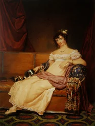 Lady Waterhouse auf einem Sofa mit ihrem Spaniel