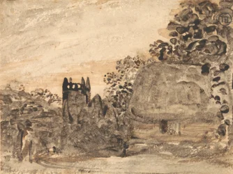 Reetgedecktes Cottage und Kirche