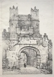 Eine Reihe alter Gebäude und ländlicher Hütten im Norden Englands: In York, mittelalterliches Tor