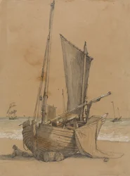 Fischerboot am Strand mit einer Brigg auf See