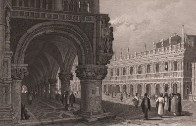 Verkürzung der Arkade des Dogenpalastes mit Blick auf den Markusplatz und den Bibliothekspalast, Venedig, Venetien, Italien, Stahlstich nach einer Zeichnung von Samuel Prout