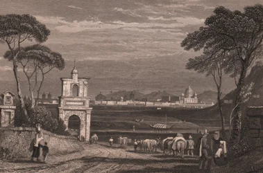 Rom mit der Kuppel des Petersdoms rechts, Latium, Italien, Stahlstich nach einer Zeichnung von Samuel Prout, ca. 15x115 cm