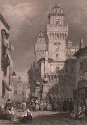 Ansicht von Castello Estense, Ferrara, Emilia-Romagna, Italien, Stahlstich von John Godfrey nach einer Zeichnung von Samuel Prout, ca. 26x17 cm, veröffentlicht von Blackie and Son