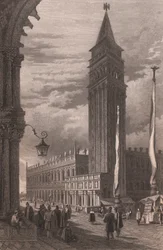 Ansicht des Glockenturms von San Marco in Venedig, Venetien, Italien, Stahlstich nach einer Zeichnung von Samuel Prout