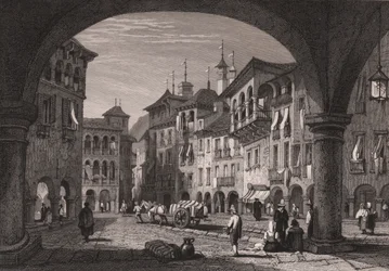 Ansicht des Marktplatzes in Domodossola, Piemont, Italien, Stahlstich nach einer Zeichnung von Samuel Prout