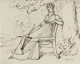 Eine sitzende Dame mit einem Sonnenschirm