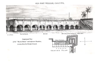 Das alte Fort William, Kalkutta, mit einer mutmaßlichen Ansicht des „Schwarzen Lochs“ und der angrenzenden Kammern, vom Paradeplatz aus gesehen