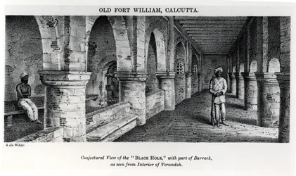 Das alte Fort William, Kalkutta, mit einer hypothetischen Ansicht des „Schwarzen Lochs“ und eines Teils der Kaserne, vom Inneren der Veranda aus gesehen