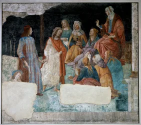 Junger Mann wird zur Versammlung der Sieben Freien Künste geführt. Fresko der Villa Lemmi.