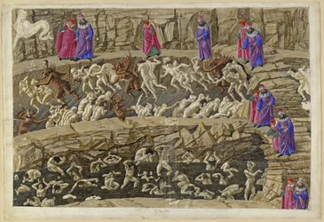 La Divina Commedia, Inferno XVIII. Vergil und Dante im achten Kreis der Hölle (Malebolge), 1. und 2. Bolgia: Bestrafung der Kuppler und Verführer, der Schmeichler und Huren