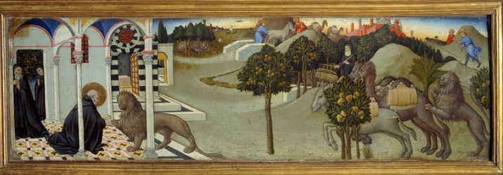 Szene aus dem Leben des heiligen Hieronymus: (Detail) Der heilige Hieronymus entfernt einen Dorn aus der Löwenpfote; der Löwe verfolgt die Diebe, die den Esel aus dem Kloster gestohlen hatten und bringt eine Karawane von Kamelen mit Waren zurück