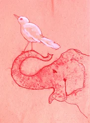 Verspielter Elefant und Vogel