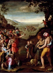 Der Durchzug durch das Rote Meer. Das hebräische Volk, das aus Ägypten flieht, überquert das Rote Meer, geführt von Moses. Gemälde von Santi di Tito (1536-1603), Florenz, Kabinett von Franz I., Palazzo Vecchio