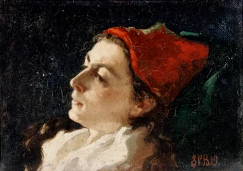 Kopf einer Frau mit roter Mütze