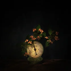 Dunkles Blumenstillleben mit Waage