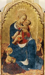 Madonna mit Kind, zentrales Panel des Altars von St. Dominikus von Cortona, ca. 1434, von Sassetta (ca. 1400-1450), Tempera und Gold auf Holz, 52x132 cm