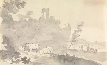 Landschaft mit Kühen im Vordergrund