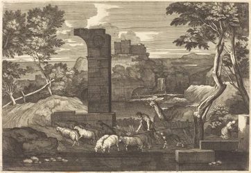 Landschaft mit Bauer und seiner Herde