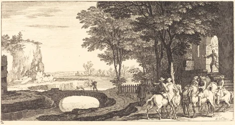 Landschaft mit Reitern und Brücke