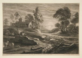 Bauernhof und Bach bei Sonnenuntergang