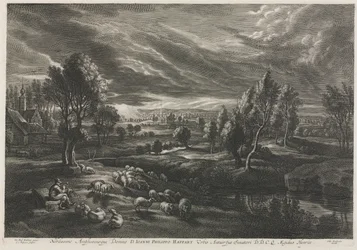 Landschaft mit Schäfer, der eine Flöte spielt