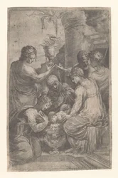 Christus in der Krippe mit Heiligen