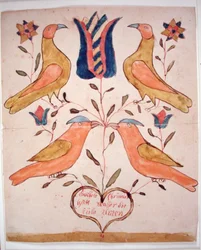 Vier Vögel, Tulpe und Herz