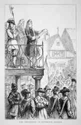 Sir Edmund Andros proklamiert 1686 das Dominion von Neuengland mit sich selbst als Gouverneur