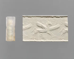Zylindersiegel und moderner Abdruck: geflügeltes Pferd mit Klauen und Hörnern, ca. 14.–13. Jahrhundert v. Chr. (Chalcedon)