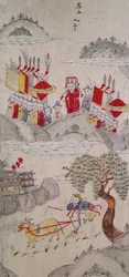 Ein Panel von einem achtteiligen Bildschirm, der berühmte Geschichten Chinas darstellt