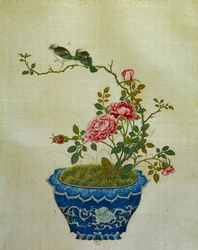 Kunst China: Malerei auf Seide, Blumen und Vögel. Anonym