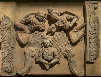 Basrelief, das ein früheres Leben des Buddha illustriert: Vishvantara Jataka. China, Xinjiang. Ende des 6. Anfang des 7. Jahrhunderts.