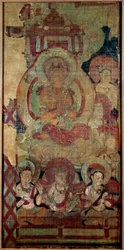 Chinesische Kunst: Gruppe von Bodhisattvas. Seidenmalerei. 10. Jahrhundert