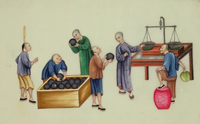 Chinesische Händler testen und wiegen Opium, aus 