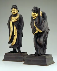 Paar taoistischer Beamter, Yuan- oder frühe Ming-Dynastie (teilvergoldete Bronze)