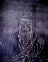 Porträt des chinesischen Philosophen Konfuzius (551-479 v. Chr.), Grabstein, Shanghai Museum