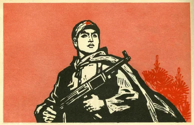 Porträt des Soldaten der Volksrepublik China. Propagandaillustration, in "Handbuch zum guten Zeichnen", Peking
