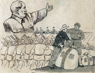 Präsident Mao (1893-1976) zeigt den chinesischen Bauern den Weg zur modernen Landwirtschaft. Illustration der Propaganda, in "Satirische Zeichnungen", Peking