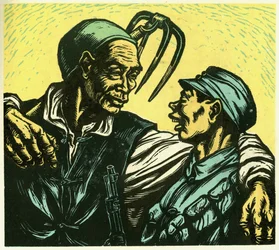 Zwei Generationen von Li Hwa, alter Bauer und junger Soldat. Holzschnitt, in „Woodcuts of war-time China 1937-1945“, Shanghai