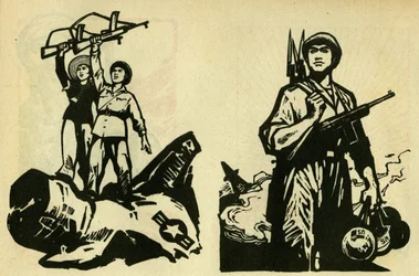 Vietnamesische Kommunisten als Sieger über die Vereinigten Staaten. Propaganda-Illustration, in „Manuel pour bien dessiner“, Peking