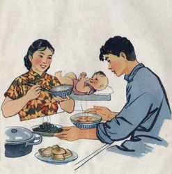 Junges Paar und ihr Baby während einer Mahlzeit. Illustration, in "Wie wir unsere Kinder besser ernähren", Ausgabe Le Journal de la Sante, Peking