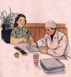 Junge zukünftige Mutter besucht ihren Arzt. Illustration, in „Comment mieux nourrir nos enfants“, Edition Le Journal de la Sante, Peking