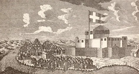 Dänische Kolonialfestung Fredensborg, Ningo, Ghana wie sie 1760 war, aus 