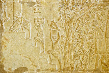 Altes Ägypten, Wandrelief, Grab von Petosiris, Tuna el Gebel, 300 v. Chr., Trauben zum Weinkelter tragen