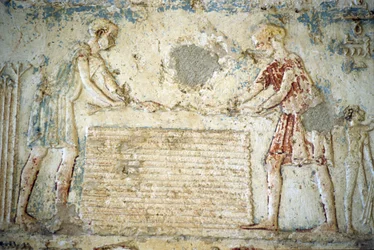 Altes Ägypten, Wandrelief/-malerei, Grab des Petosiris, Tuna el-Gebel, 300 v. Chr., Die Flachsernte