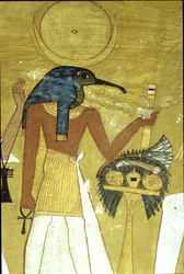 Altes Ägypten, Wandmalerei im Grab des Inherkhau, Theben, der Gott Thot führt den Verstorbenen vor Osiris, 20. Dynastie, ibisköpfiger Gott mit Mondscheibe